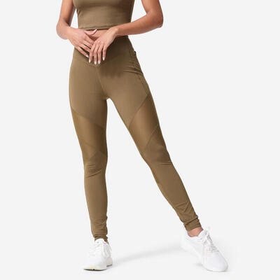 Leggings donna palestra 500 modellanti traspiranti vita alta marroni