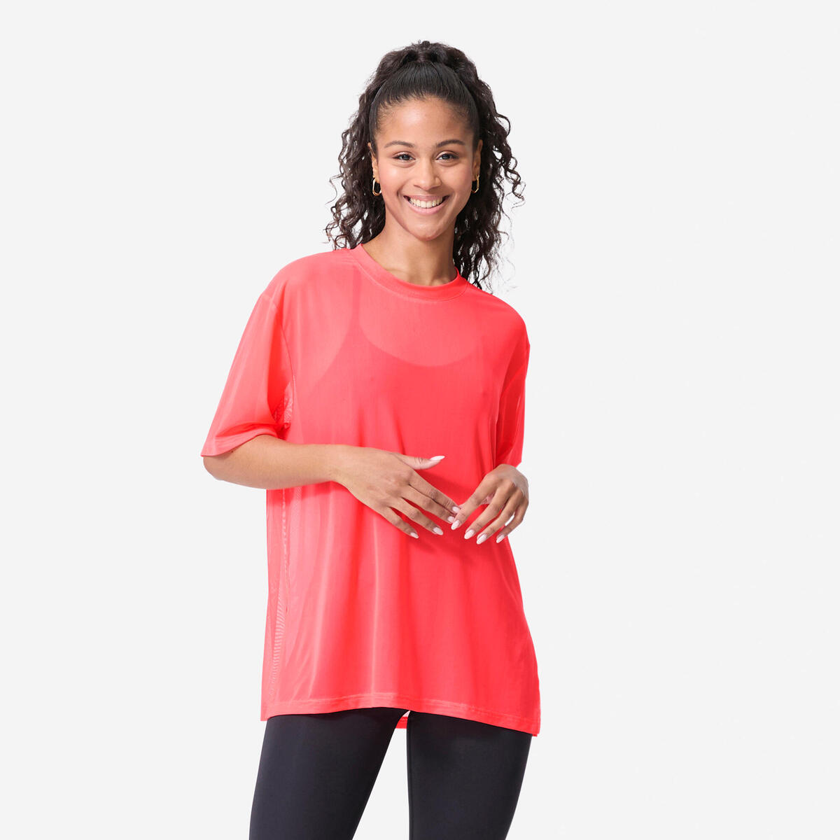 T-shirt de fitness résille et loose femme, rose