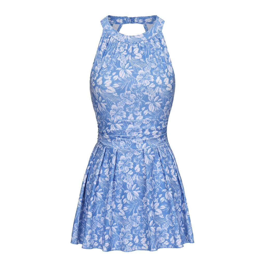 Women’s 1-piece skirt swimsuit - CN Amber - HIBISCUS BLUE