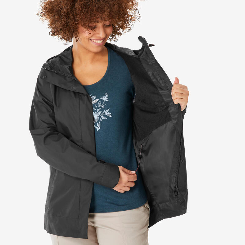 Veste de randonnée imperméable femme, NH500 noir