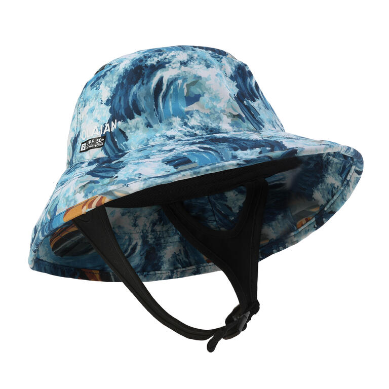 Surf hat with denim and palm print, alternate angle