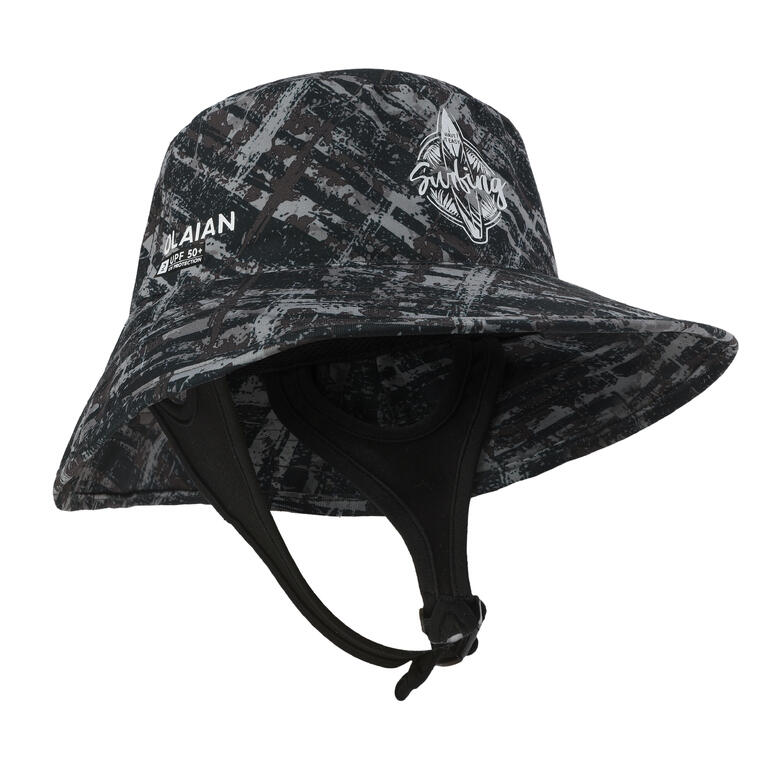 Black printed surf hat, side profile showing chin strap