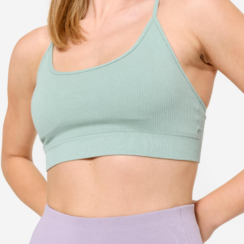 Brassière côtelée sans couture maintien léger Femme, Vert kaki