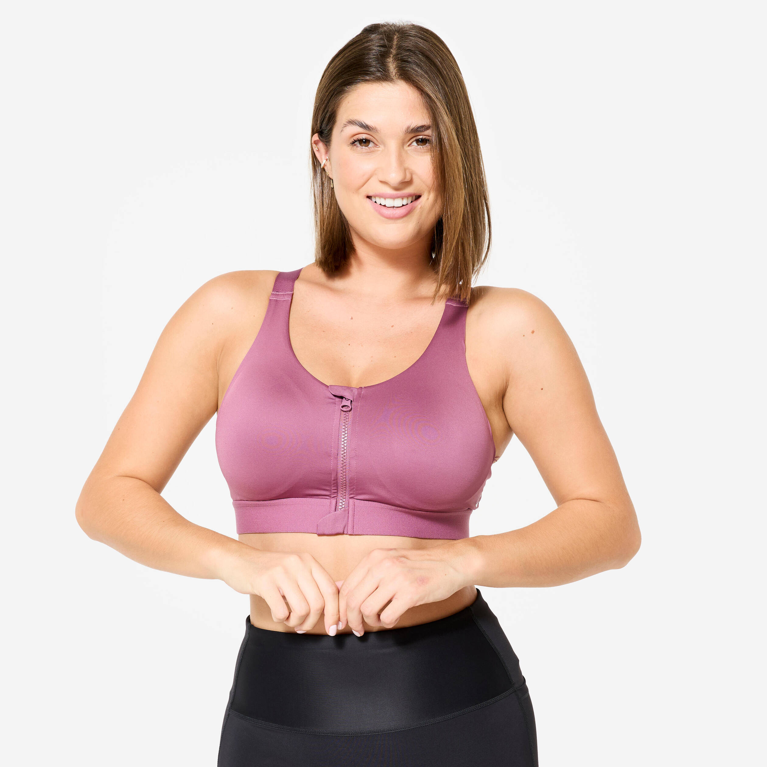 Women Sports Bra, Padded with Zip Detailing, High Support - Old Purple