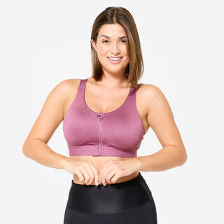 Women Sports Bra, Padded with Zip Detailing, High Support - Old Purple