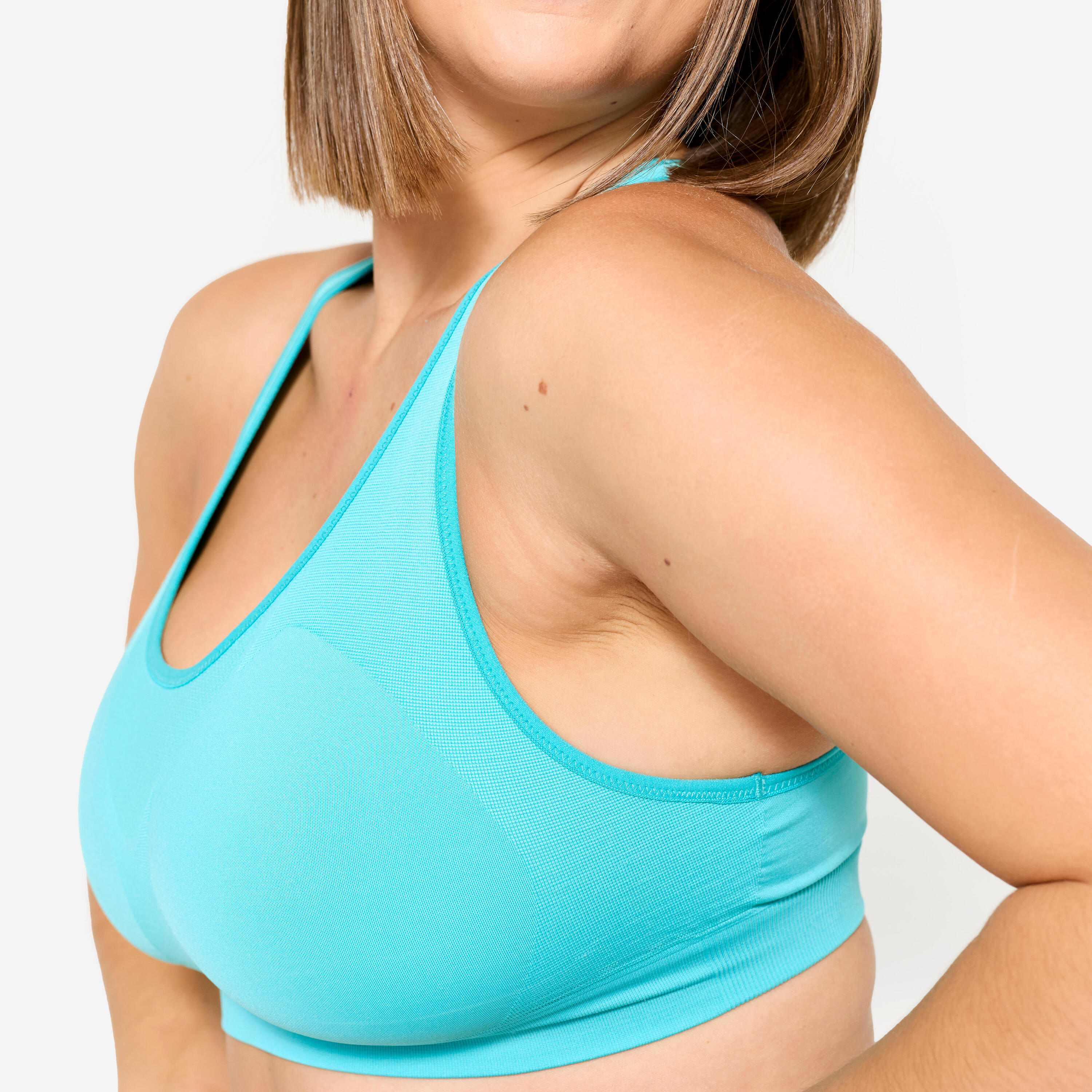 Naadloze sportbeha met racerback voor dames gemiddelde ondersteuning turquoise 5/7