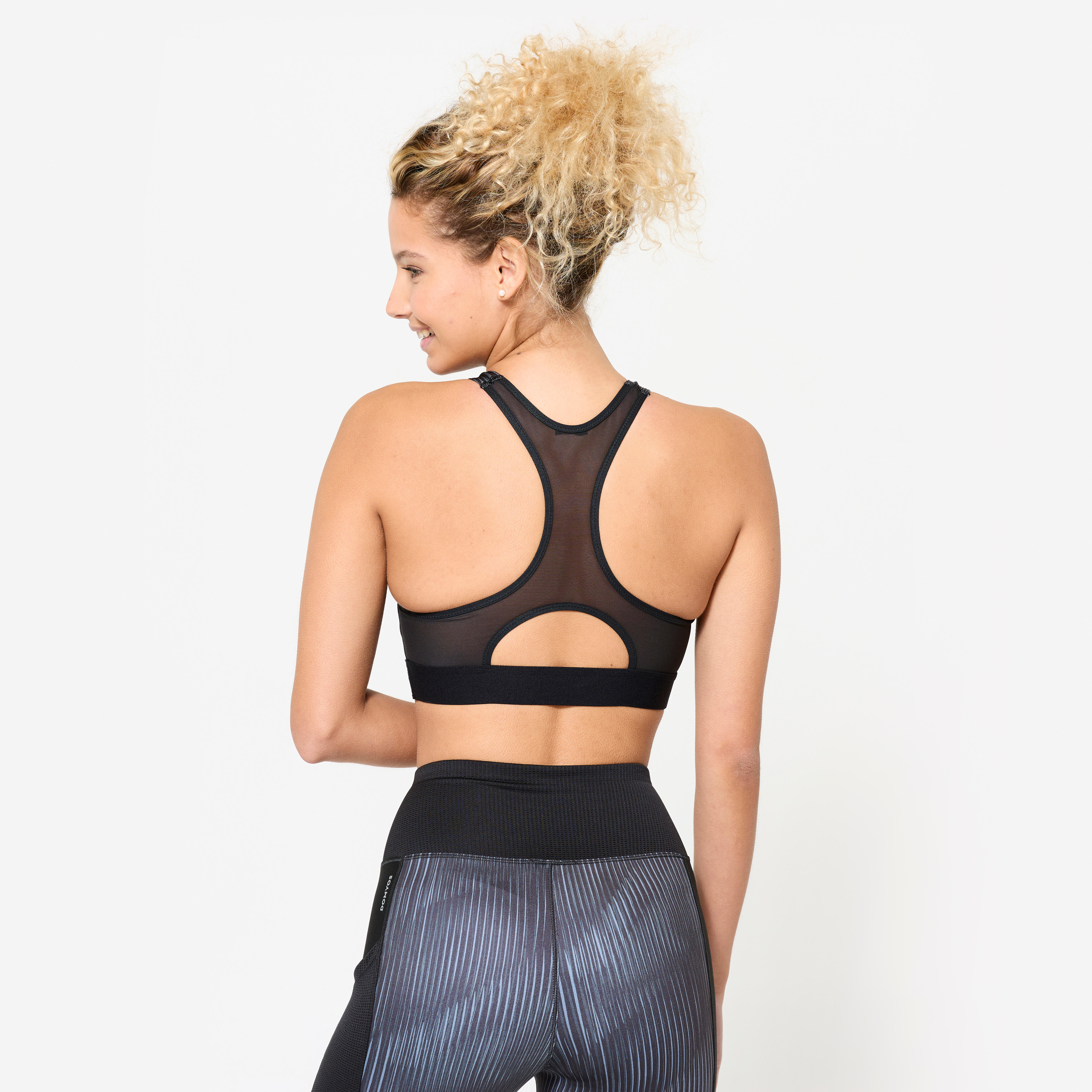 Women's Medium Support Racer Back Sports Bra with Cups - Black/Grey Print