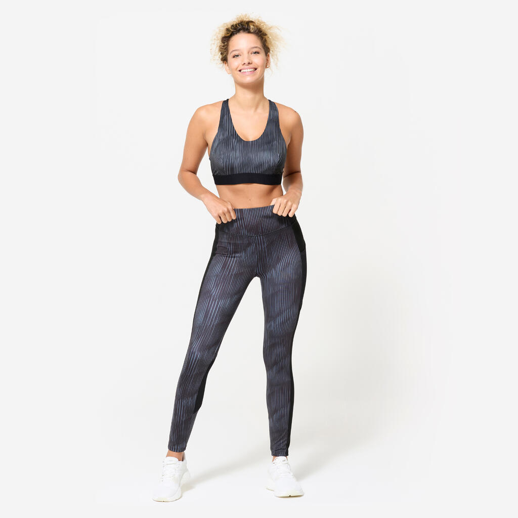 Brassière dos nageur avec coques maintien modéré Femme, Imprimé noir et gris