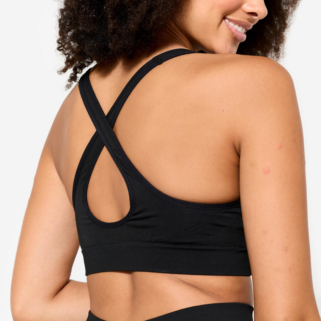 Brassiere-top de fitness de espalda cruzada y sujeción media negro para mujer