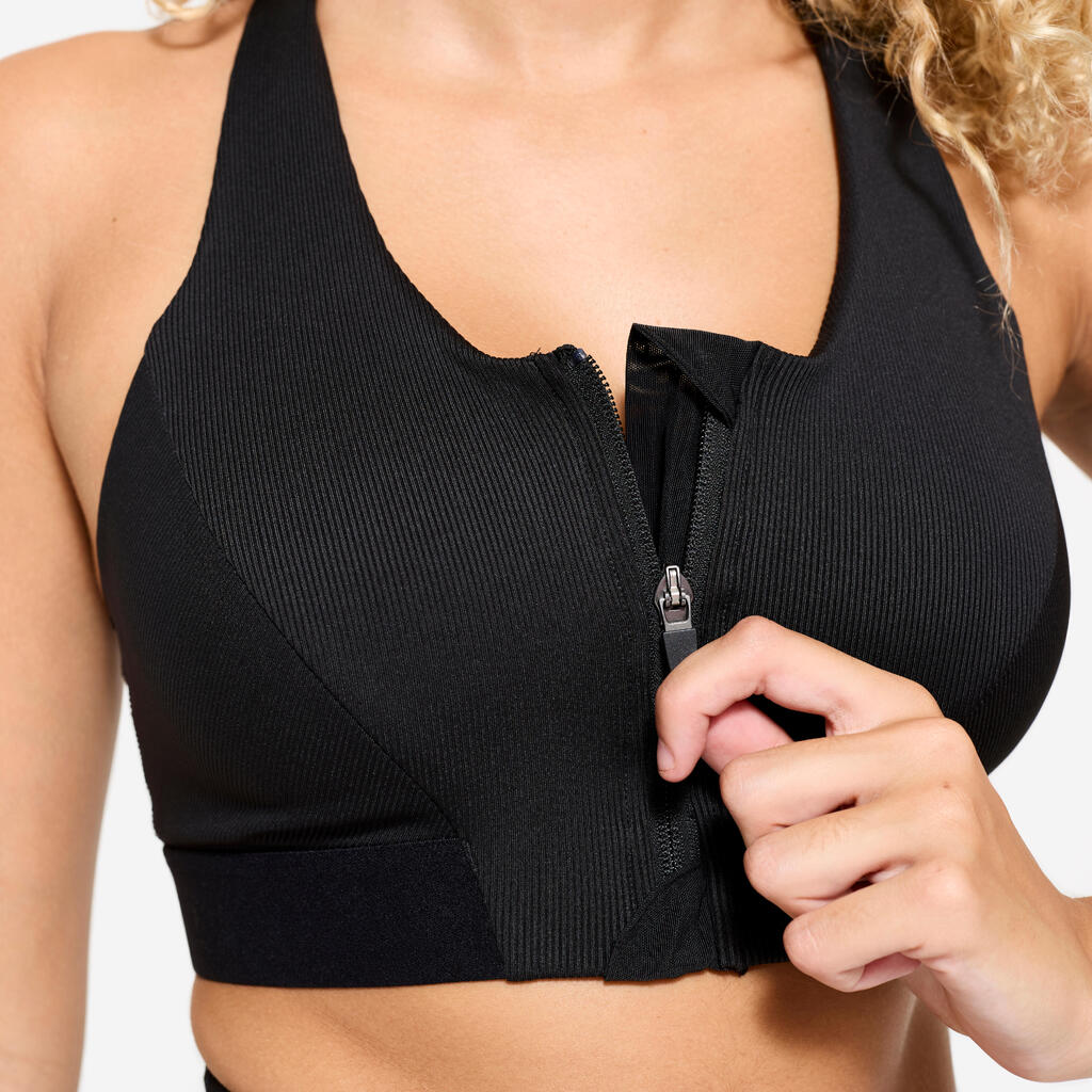 Brassière côtelée zippée maintien modéré Femme, Noir fumé