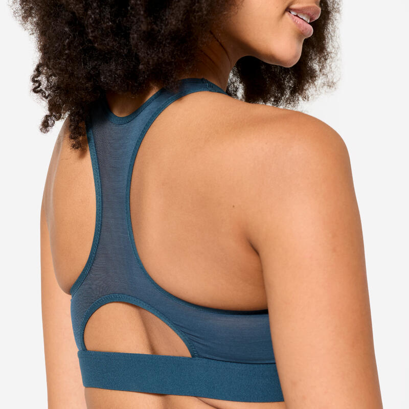 Brassière de sport côtelée zippée maintien modéré Femme, Turquoise
