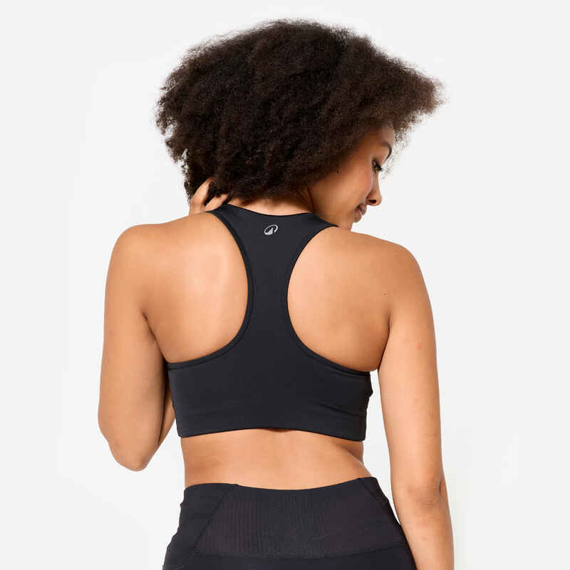 Women's Medium Support Racer Back Lined Sports Bra - Black - Decathlon