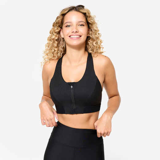 
      Brassière côtelée zippée maintien modéré Femme, Noir fumé
  