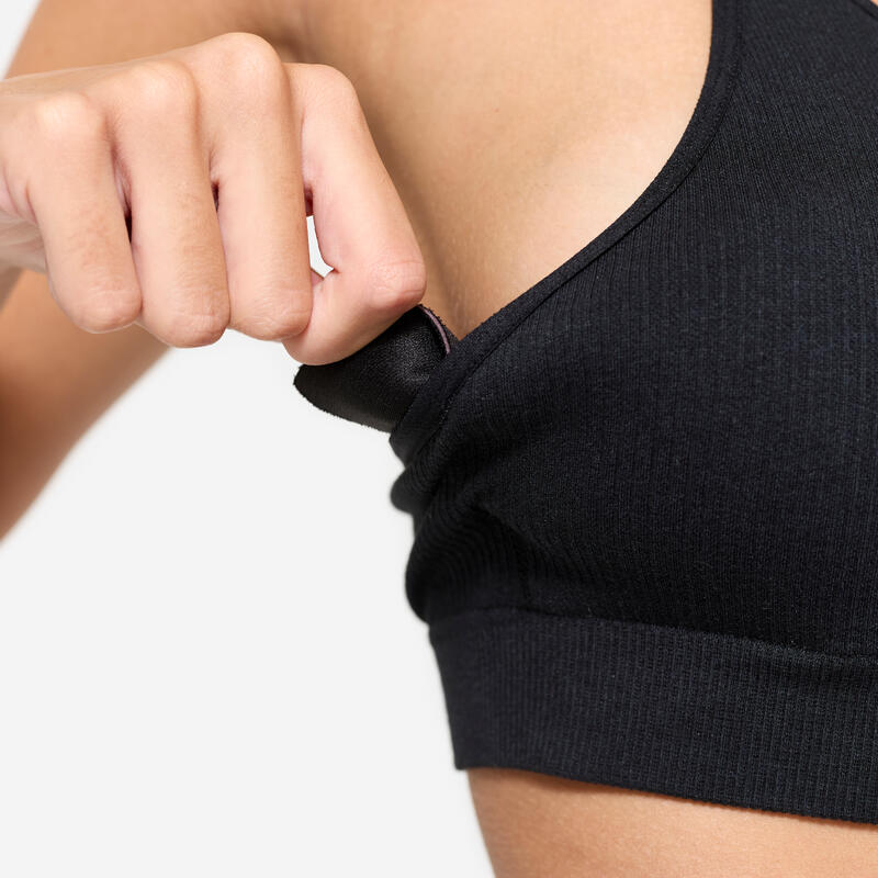 Nahtloser gerippter Sport-BH, leichter Halt, Damen, Schwarz