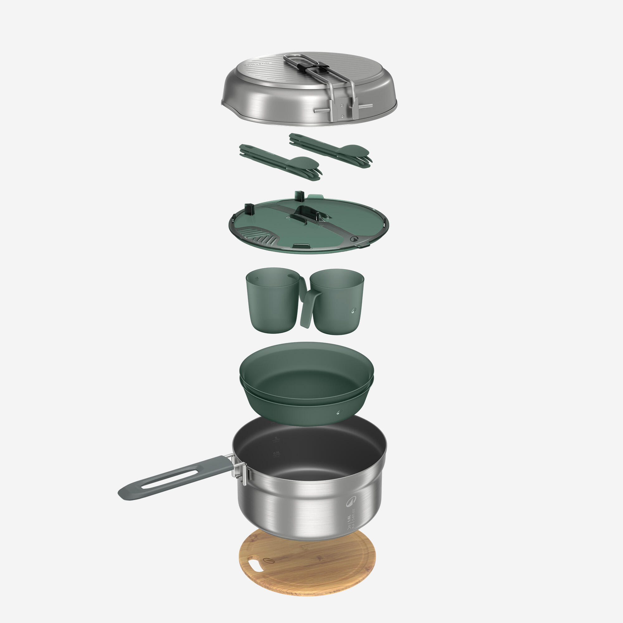 Stainless steel, non-stick camping cookset 500 for 2 people - 15-piece