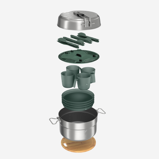 Popote 500 de camping en acier inox + anti-adhésif - 4 personnes - 25 éléments