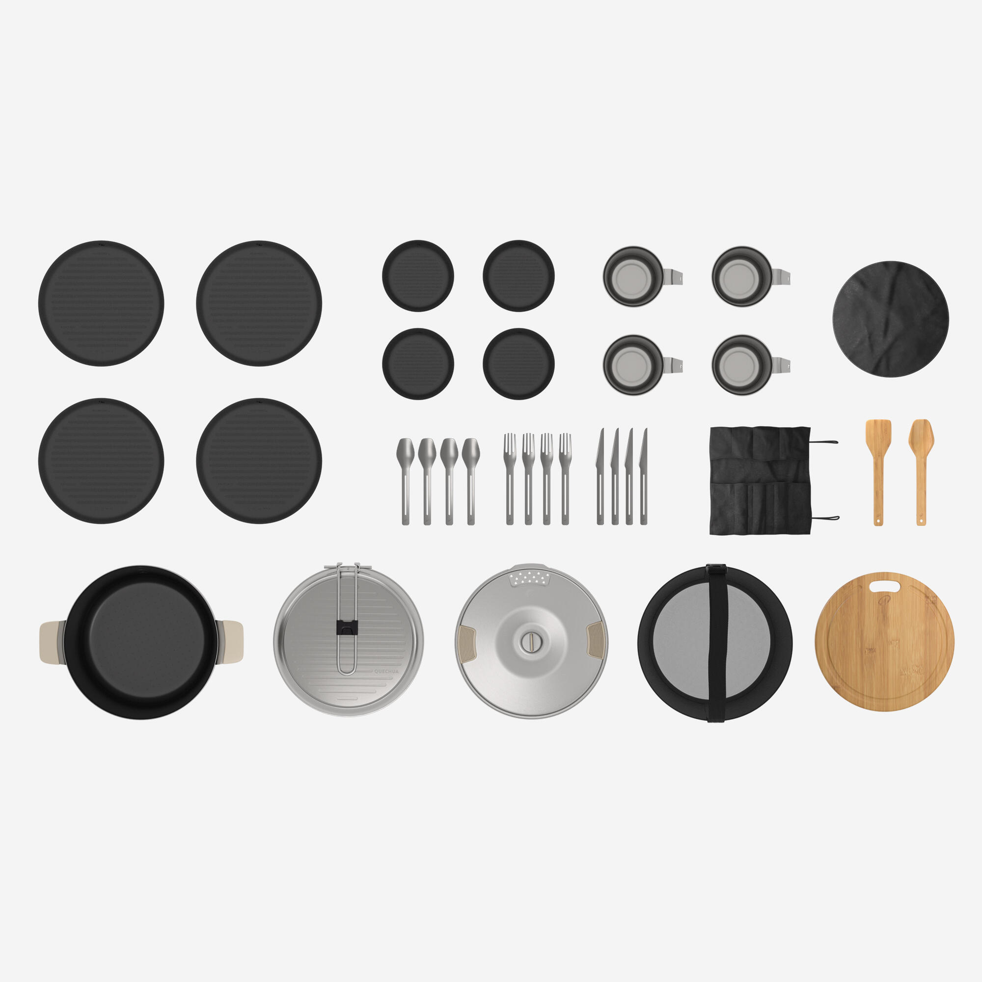 Ensemble de cuisine en inox anti-adhésif 33 morceaux pour 4 personnes, 900 - QUECHUA