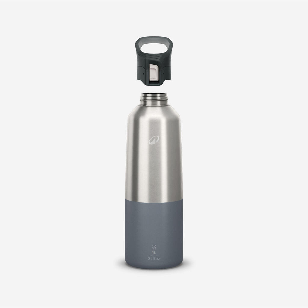 Gourde 900 isotherme inox 1L bouchon à ouverture rapide pour la randonnée - gris