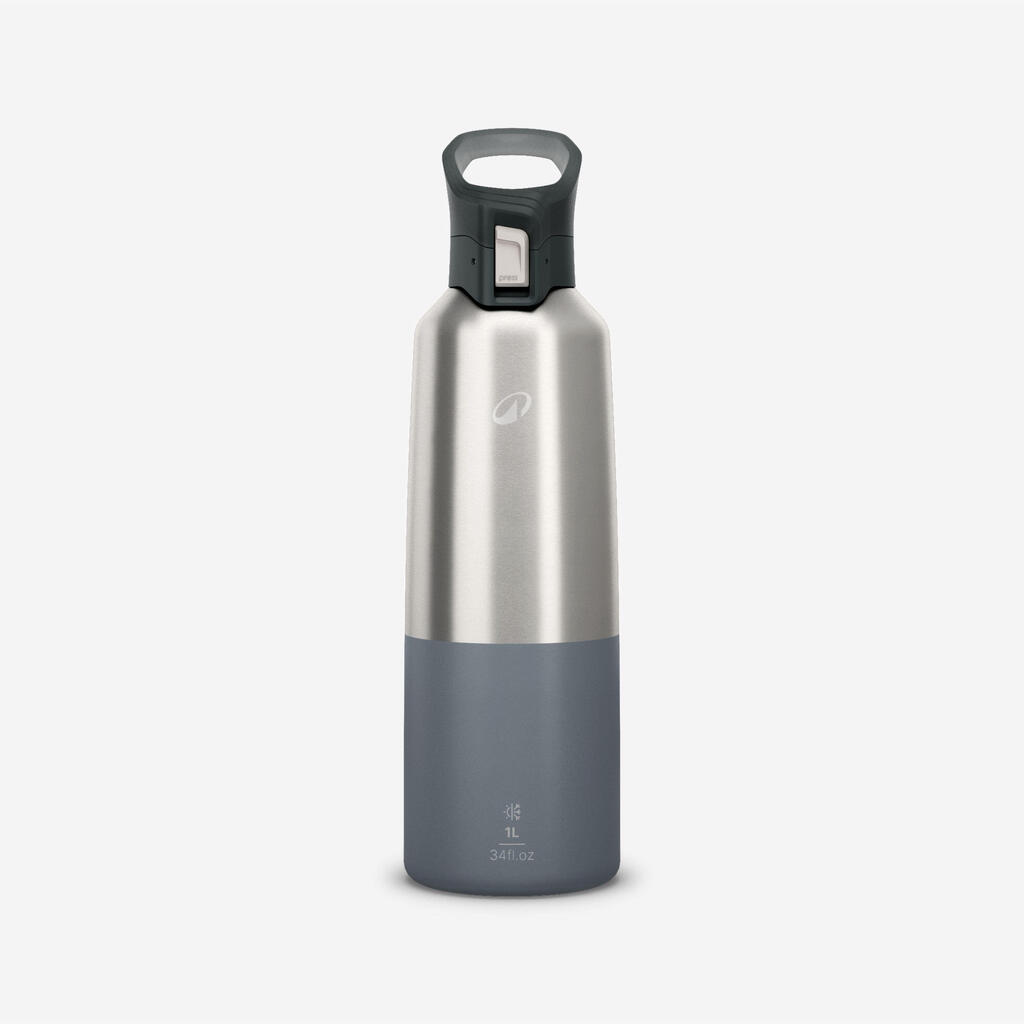 Gourde 900 isotherme inox 1L bouchon à ouverture rapide pour la randonnée - gris
