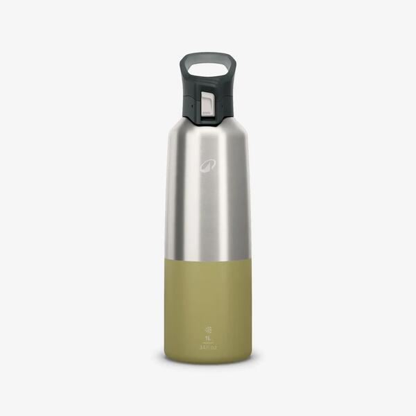Khaki insulated stainless steel hiking flask with a quick-release cap