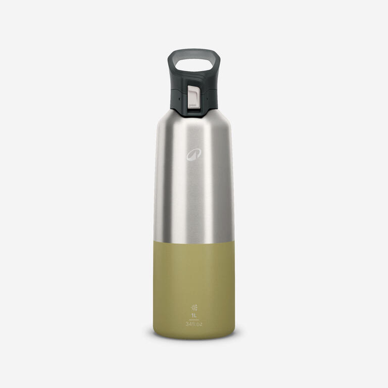 Silver and khaki 1L insulated stainless steel water bottle with a quick-release cap and carry handle.