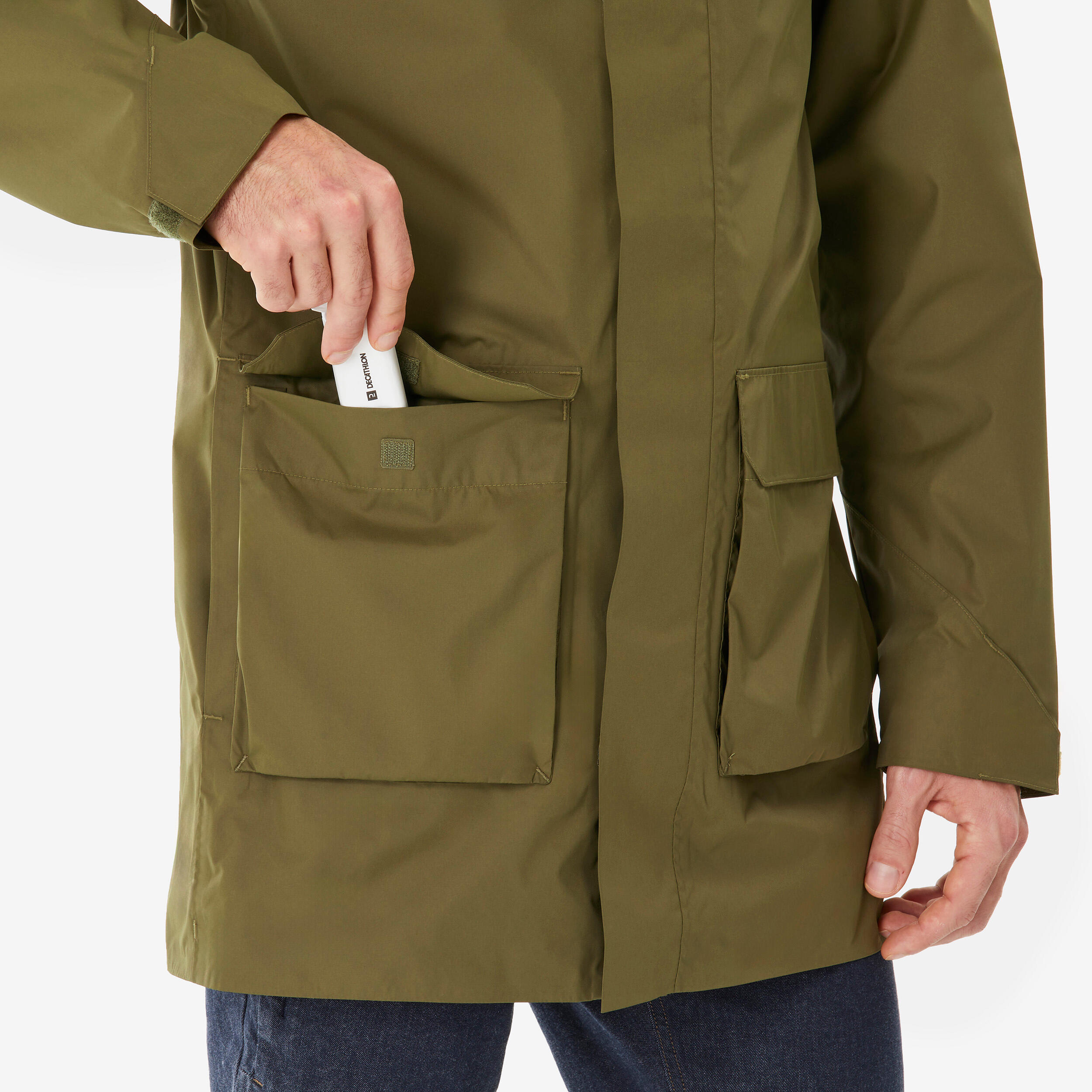 Men's Hiking Long Jacket, NH500 Olive
