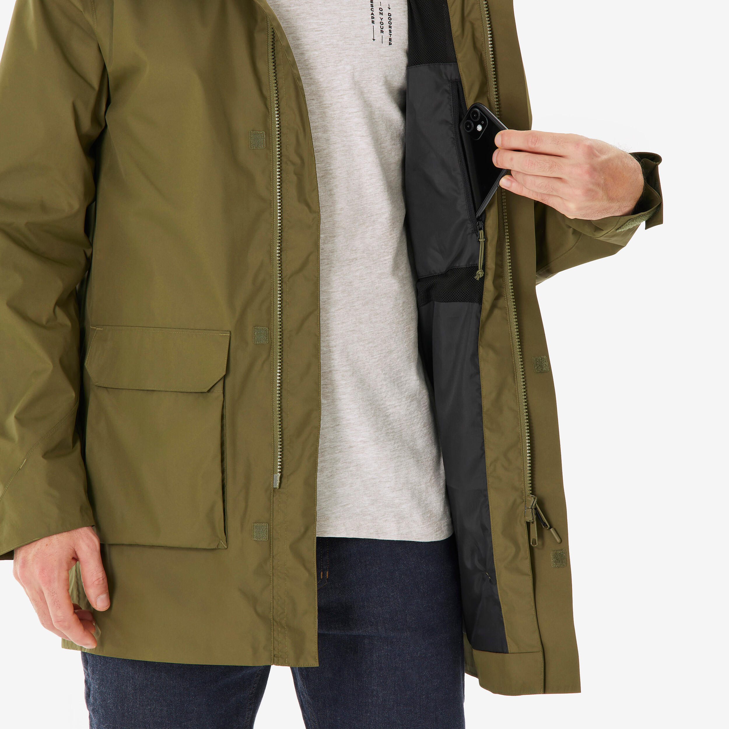 Men’s Hiking Long Jacket, NH500 - Olive