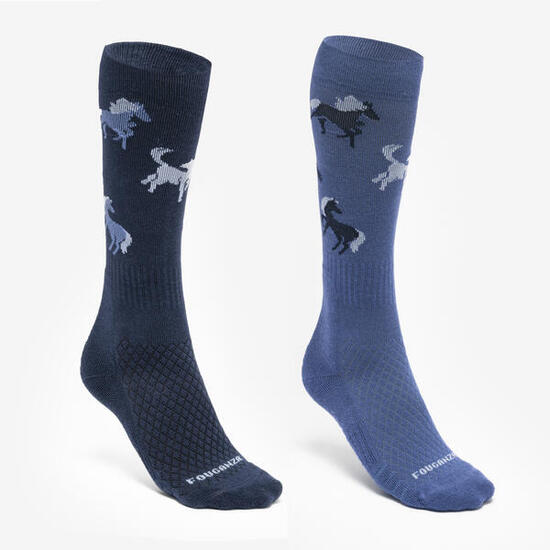 Chaussettes d'équitation enfant sks 500 motifs marine Bleu comète.
lot de 2