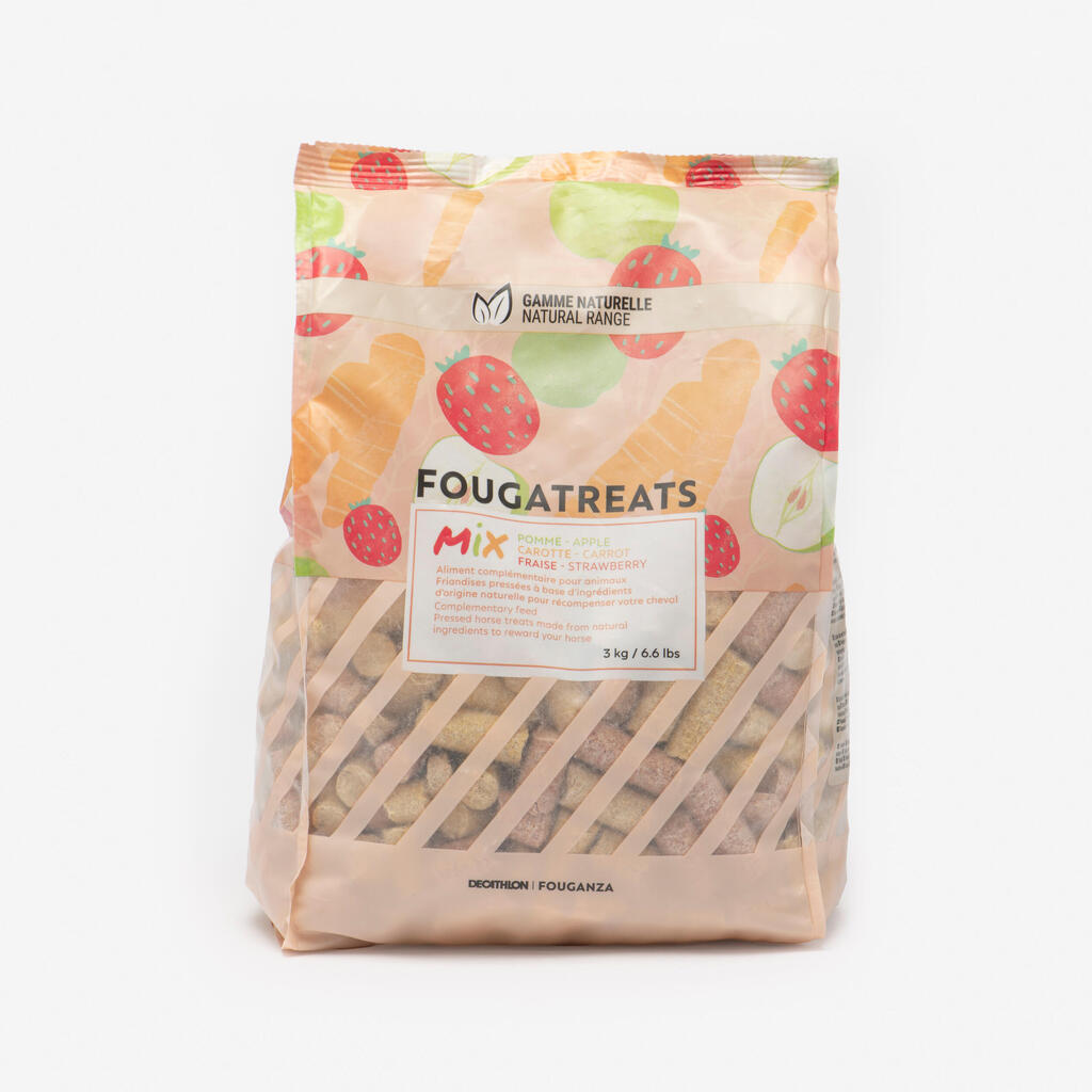 Prírodné maškrty Fougatreats pre kone a poníky Jablko Mrkva Jahoda 3 kg
