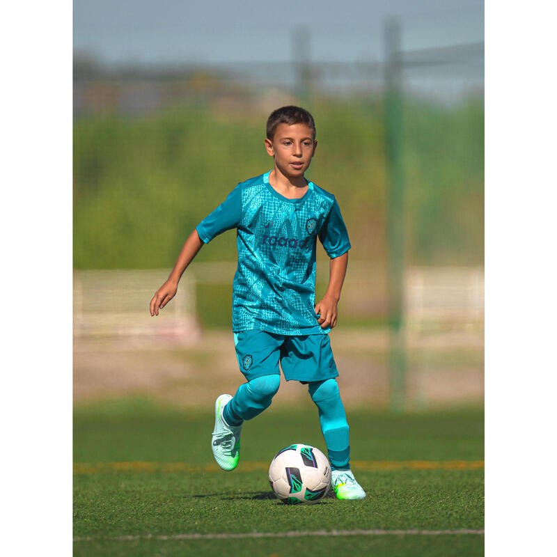 Șort fotbal VIRALTO KIDS TURCOAZ BANDĂ VERDE COPII