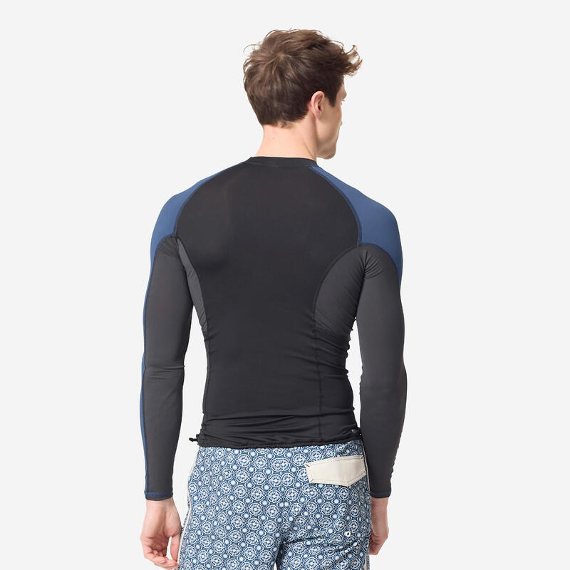 Uv-werende rashguard met lange mouwen voor heren 500 zwart blauw