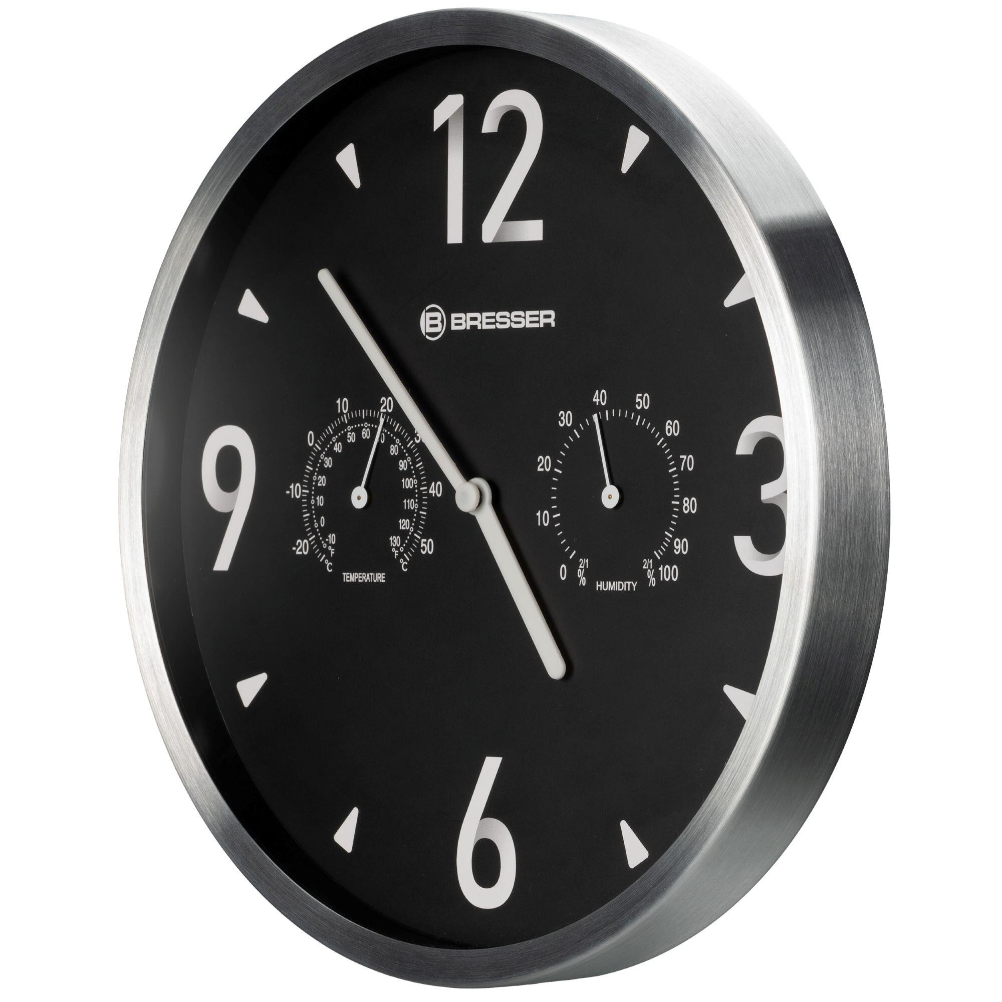 Reloj Silencioso de pared con Temperatura + Húmedad - 25cm Plateado Negro - CD 2/4