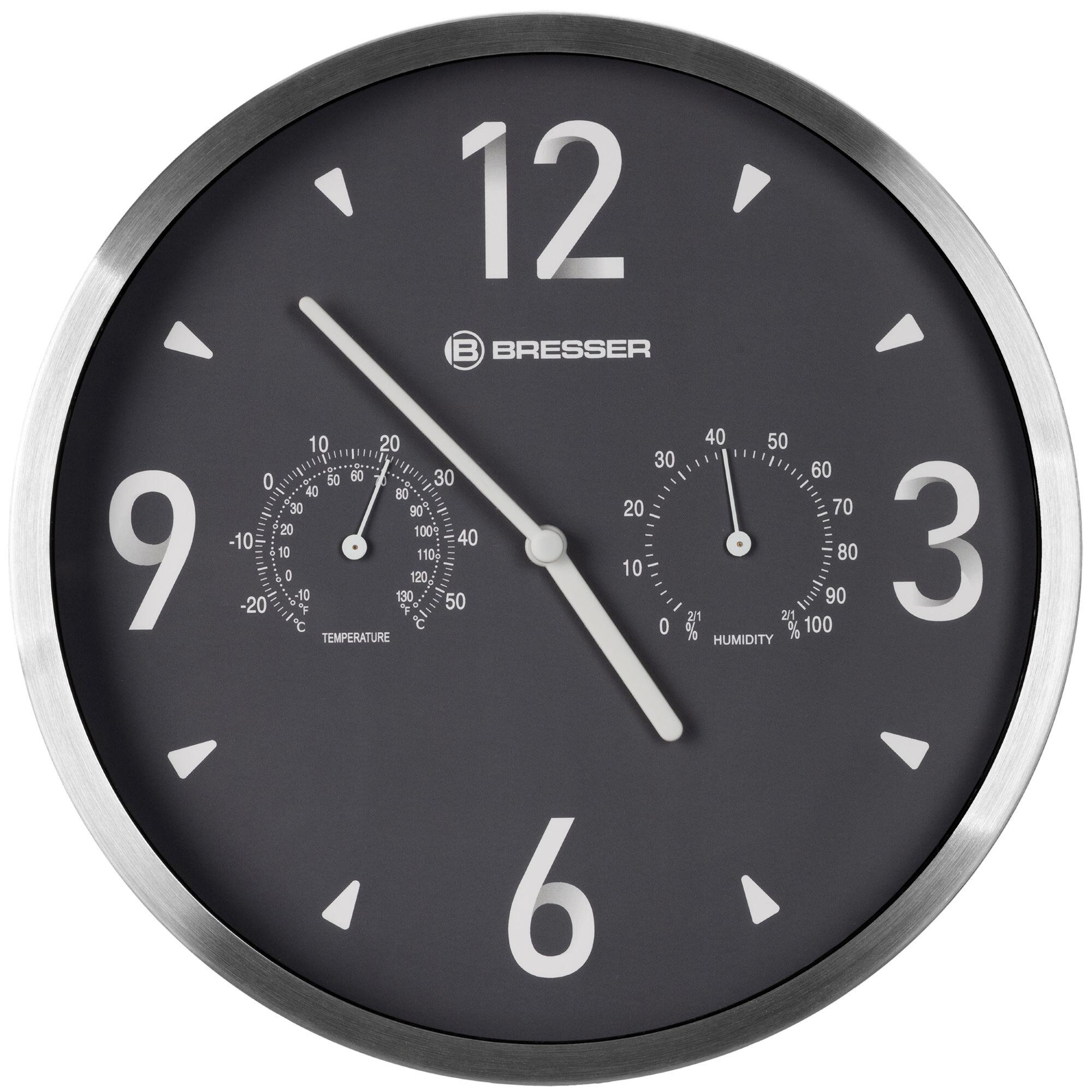 Reloj Silencioso de pared con Temperatura + Húmedad - 25cm Antracita Plata - CD 1/2