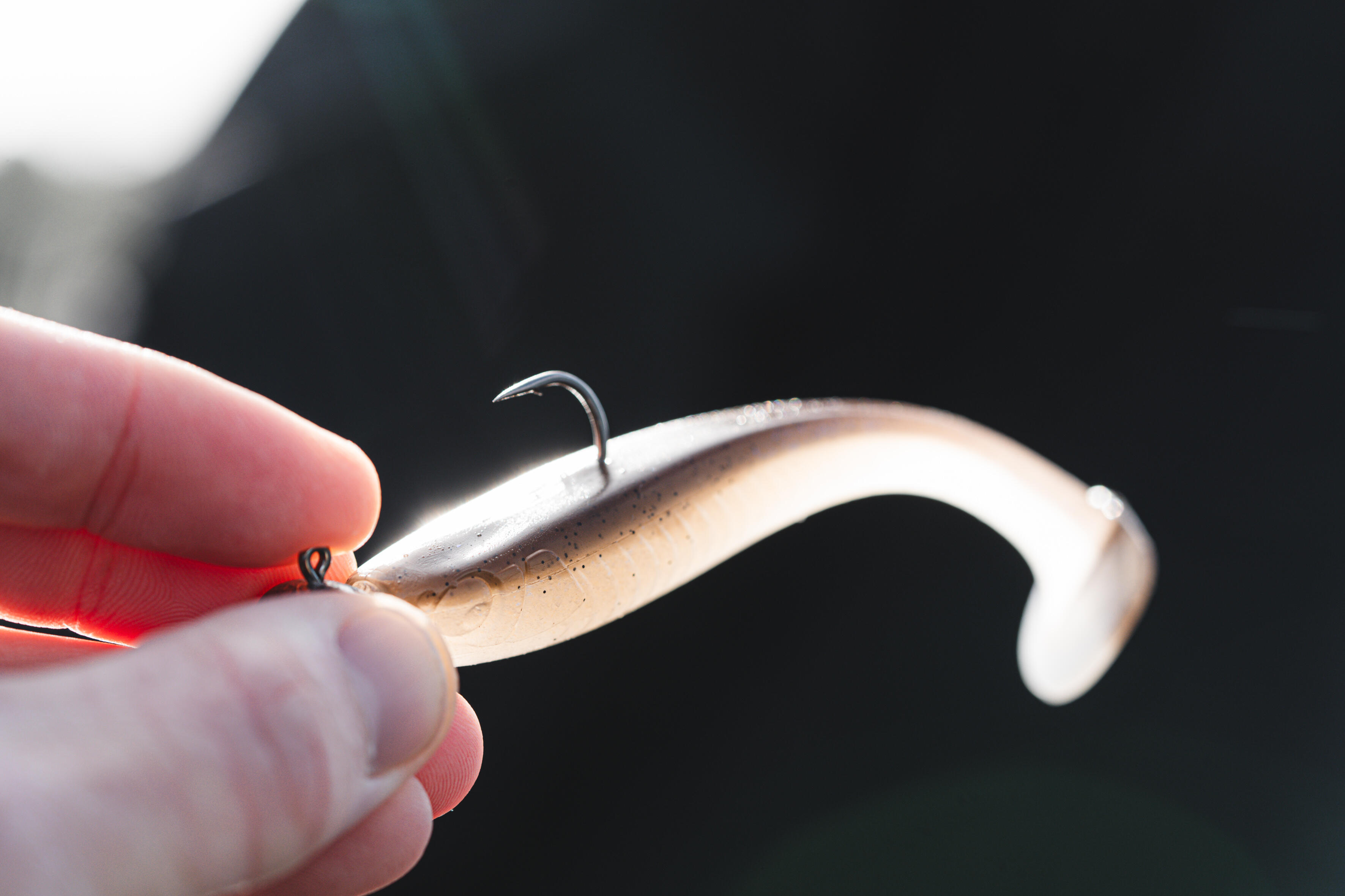 Soft plastic fishing lure with hook held in hand
