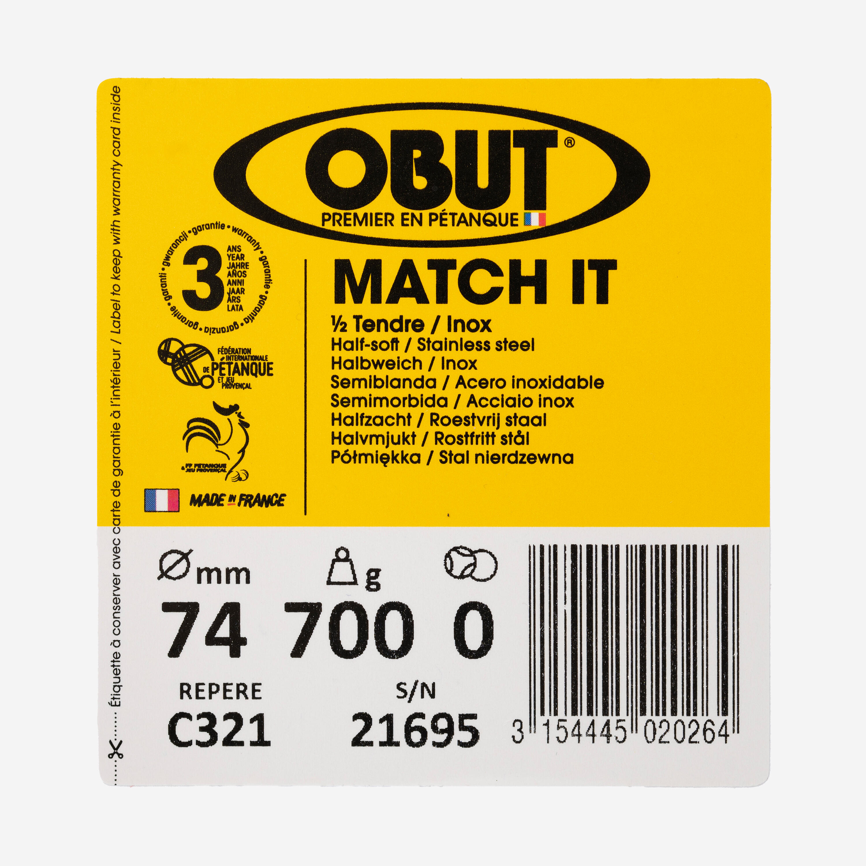 3 BOLAS DE PETANCA DE COMPETICIÓN OBUT MATCH IT 3/4