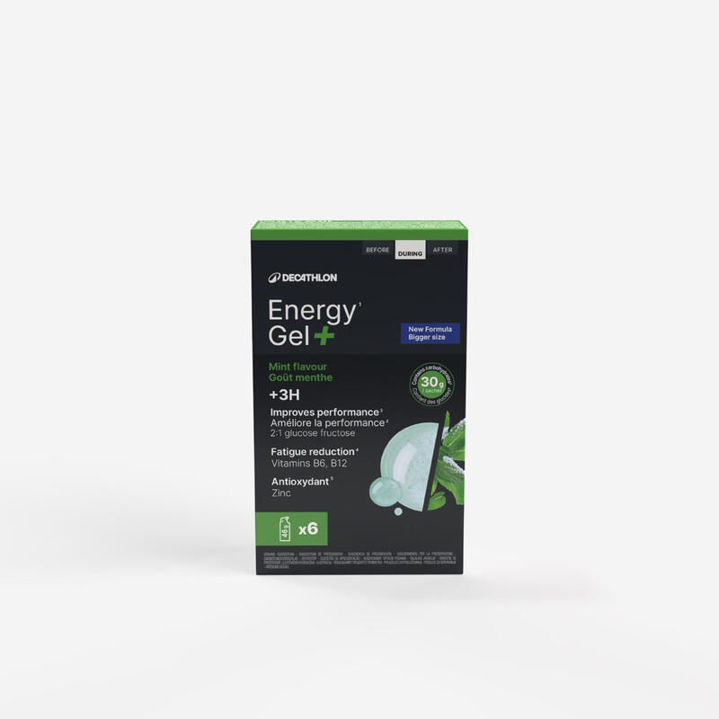 Gel energético mais de 3 horas menta, Energy Gel+ x6 NOVIDADE                             4 cores disponíveis
 11,90€  Preço por quantidade 56,67€l DECATHLON Gel energético mais de 3 horas menta, Energy Gel+ x6  (110)A partir de 2 horas    