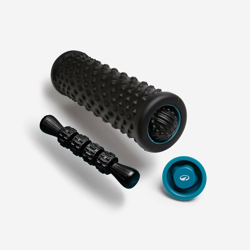 Kit de masaje: foam roller, pelota y bastón de masaje