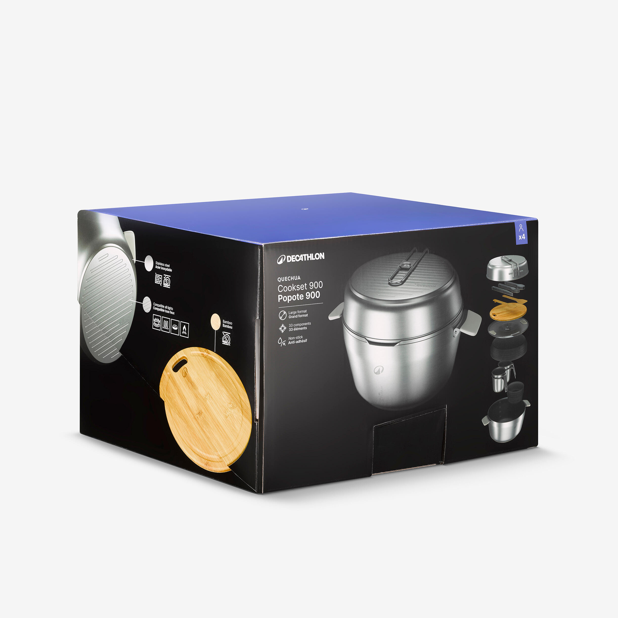 Ensemble de cuisine en inox anti-adhésif 33 morceaux pour 4 personnes, 900 - QUECHUA