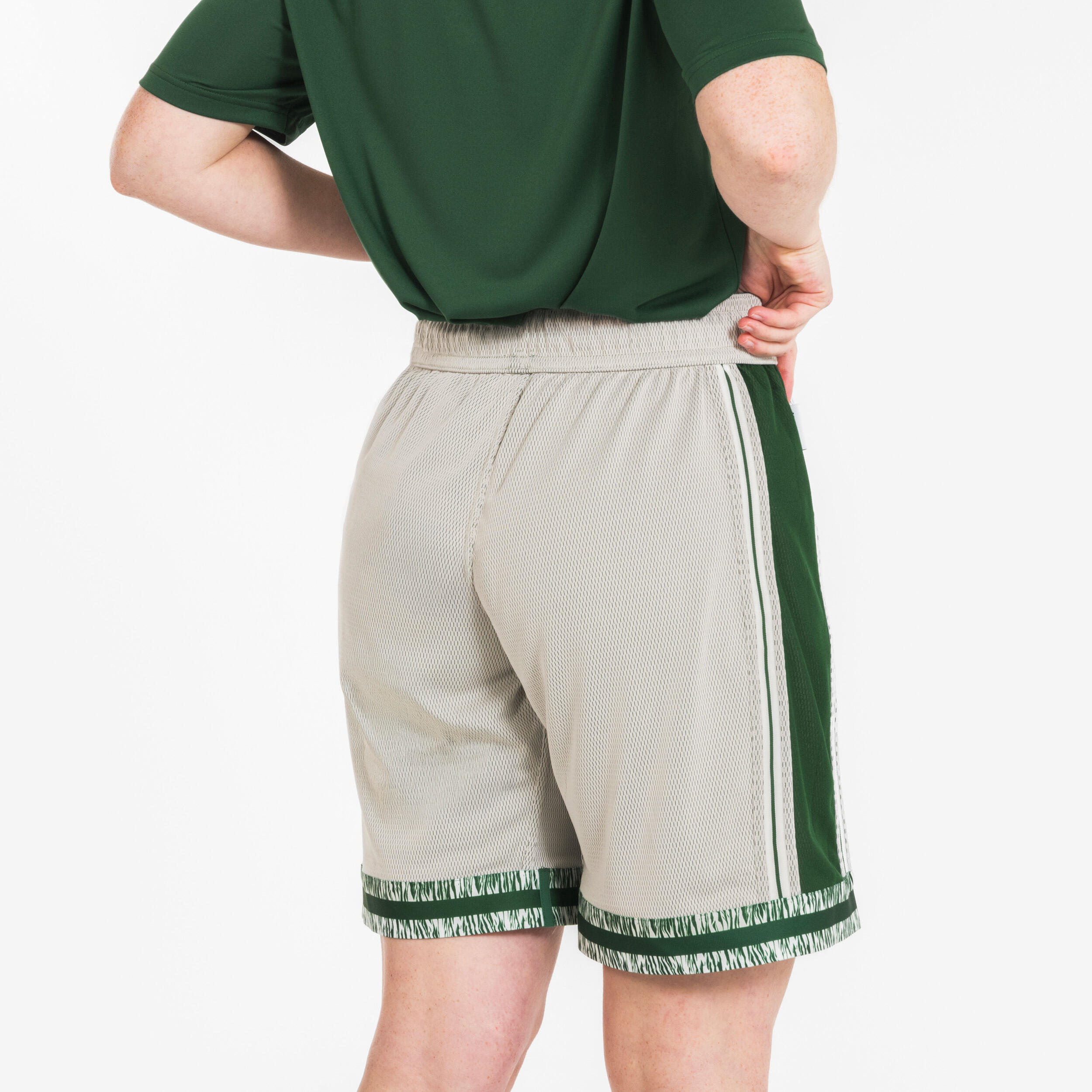Adult 2-Way Basketball Shorts 500 Beige/Green KIPSTA Decathlon