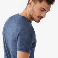 Men’s short-sleeved Merino wool hiking travel t-shirt - TRAVEL 500 blue