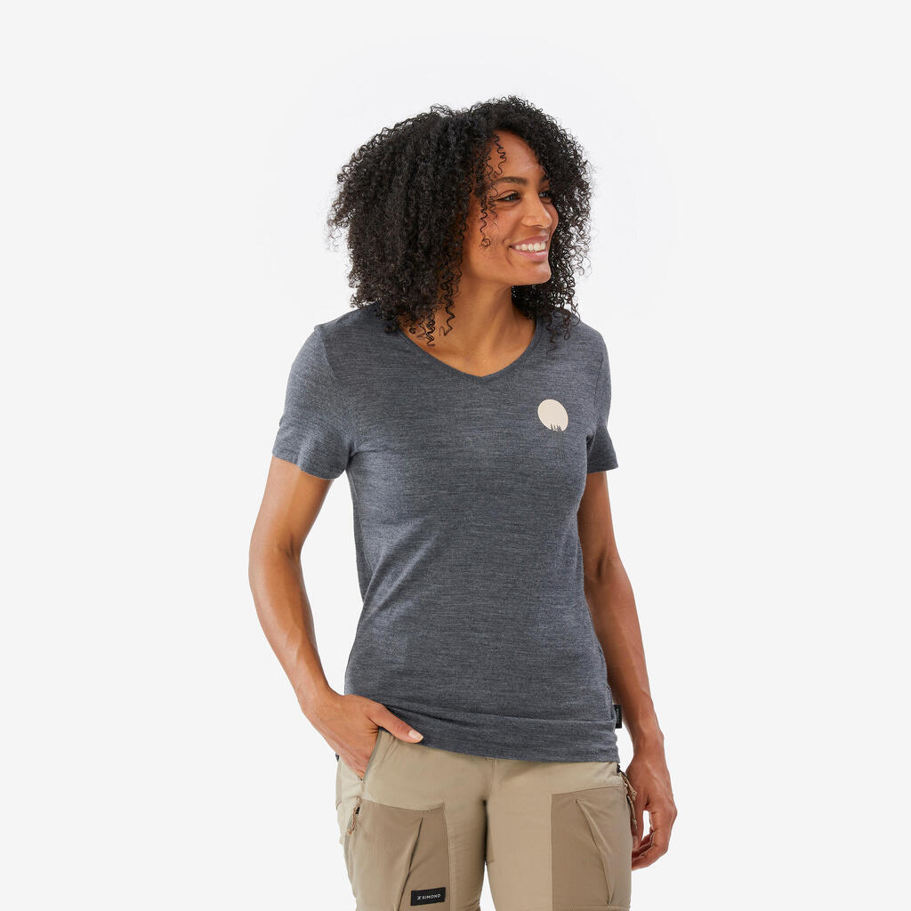 T-shirt de trek voyage manches courtes laine mérinos Femme - TRAVEL 500
