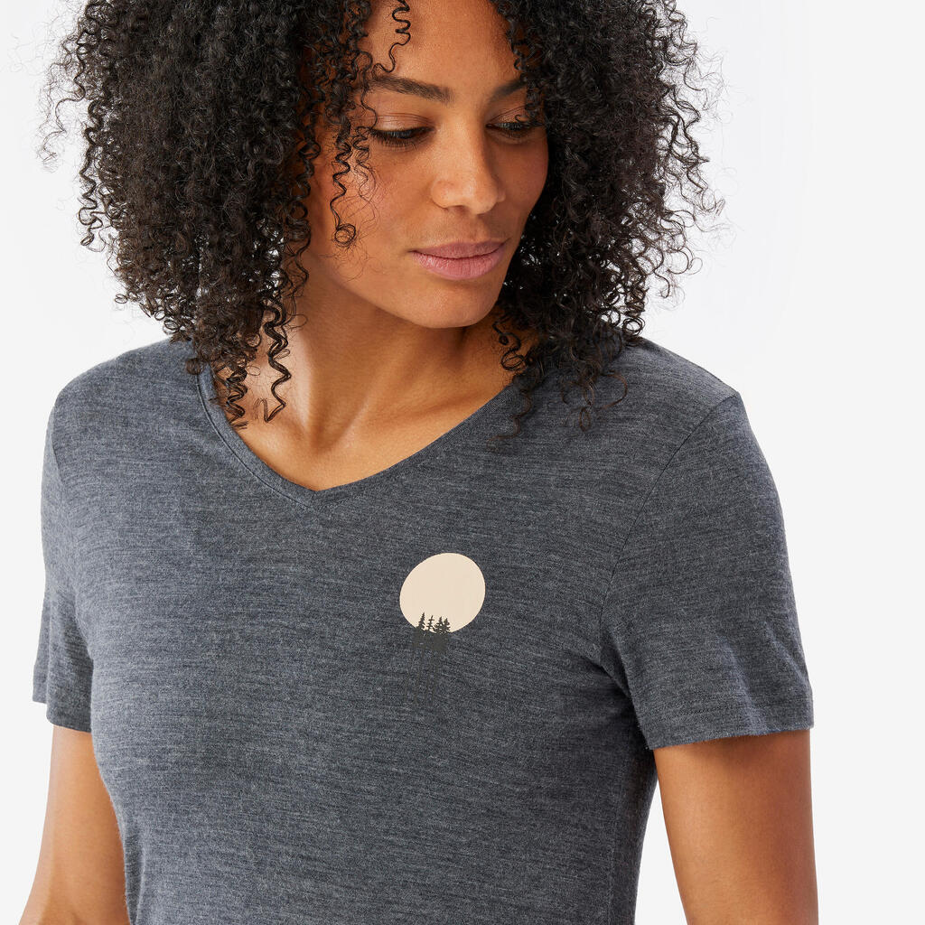 T-shirt de trek voyage manches courtes laine mérinos Femme - TRAVEL 500