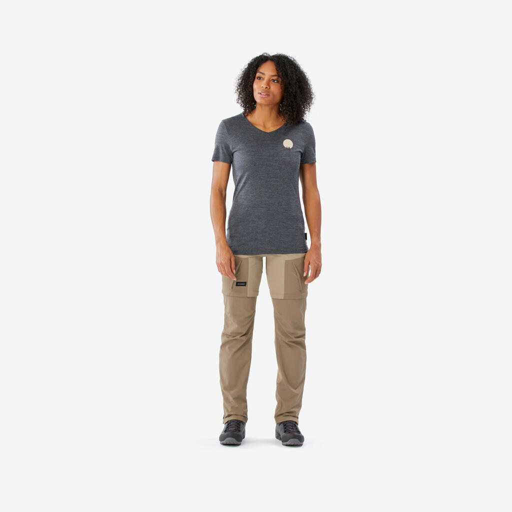 T-shirt de trek voyage manches courtes laine mérinos Femme - TRAVEL 500