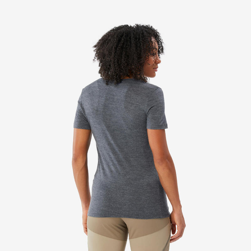 Tricou din Lână merinos Trekking călătorie Travel500 Albastru Damă