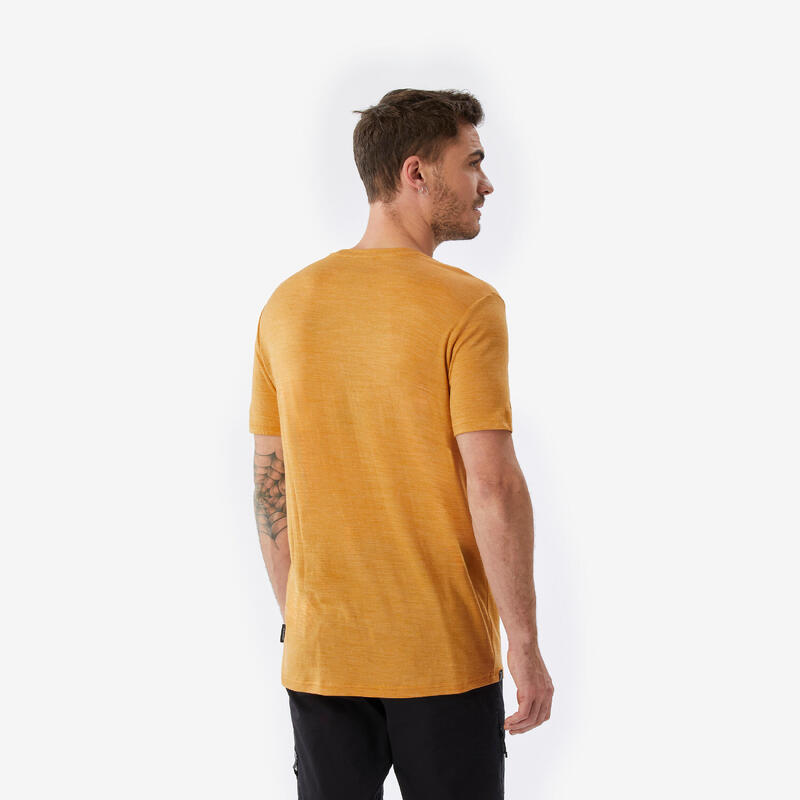 T-shirt de trek voyage manches courtes laine mérinos Homme - TRAVEL 500 jaune