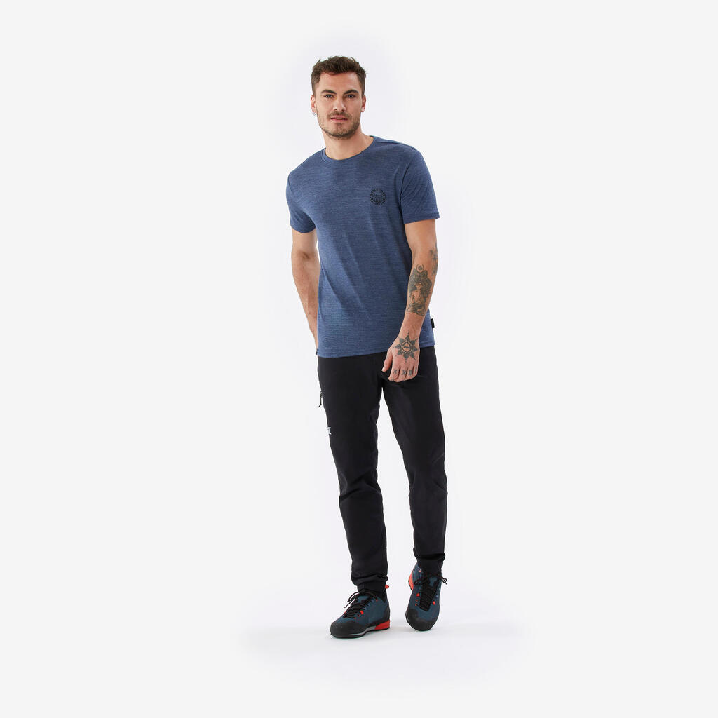 Playera de viaje de trekking de manga corta y lana merino azul para hombre