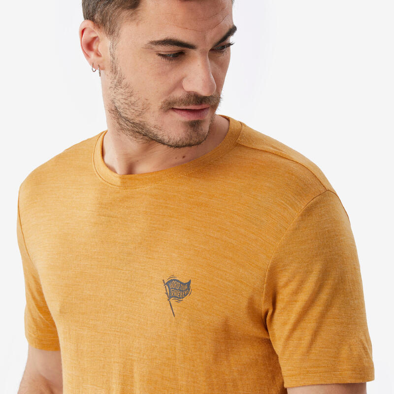 Tricou Lână merinos trekking călătorie TRAVEL 500 Galben Bărbați
