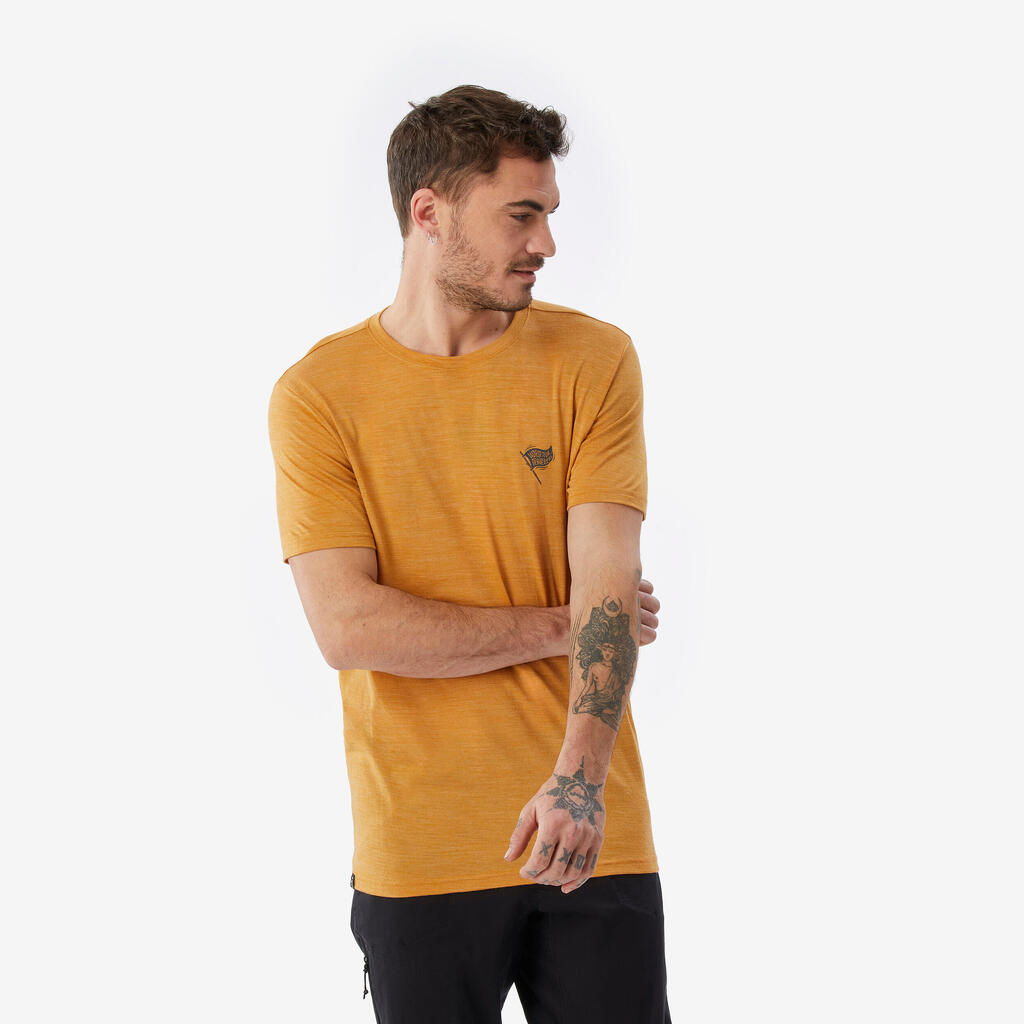 T-shirt de trek voyage manches courtes laine mérinos Homme - TRAVEL 500 jaune