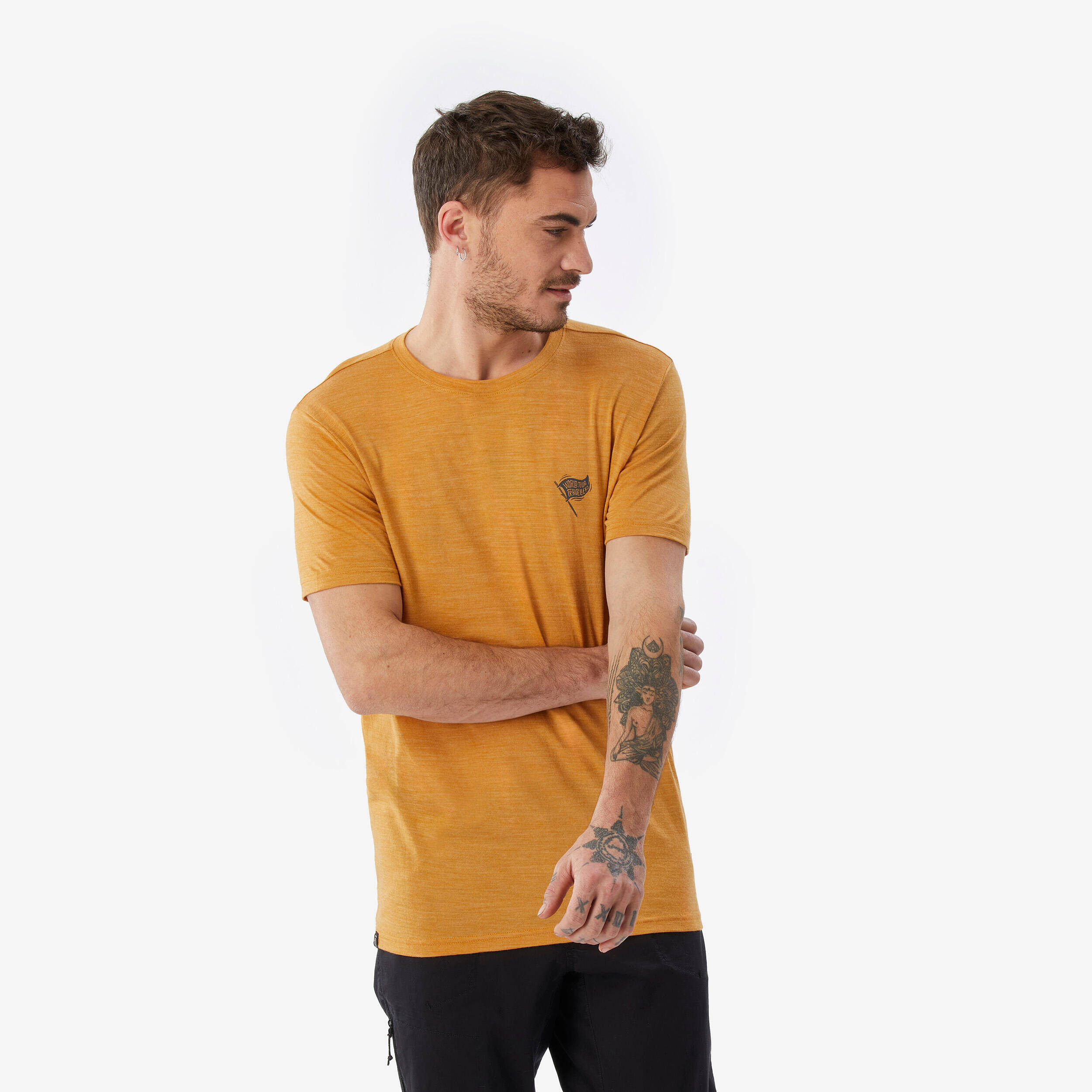 Men Merino Wool Half Sleeve T-Shirt Ochre - Travel 500 -  1