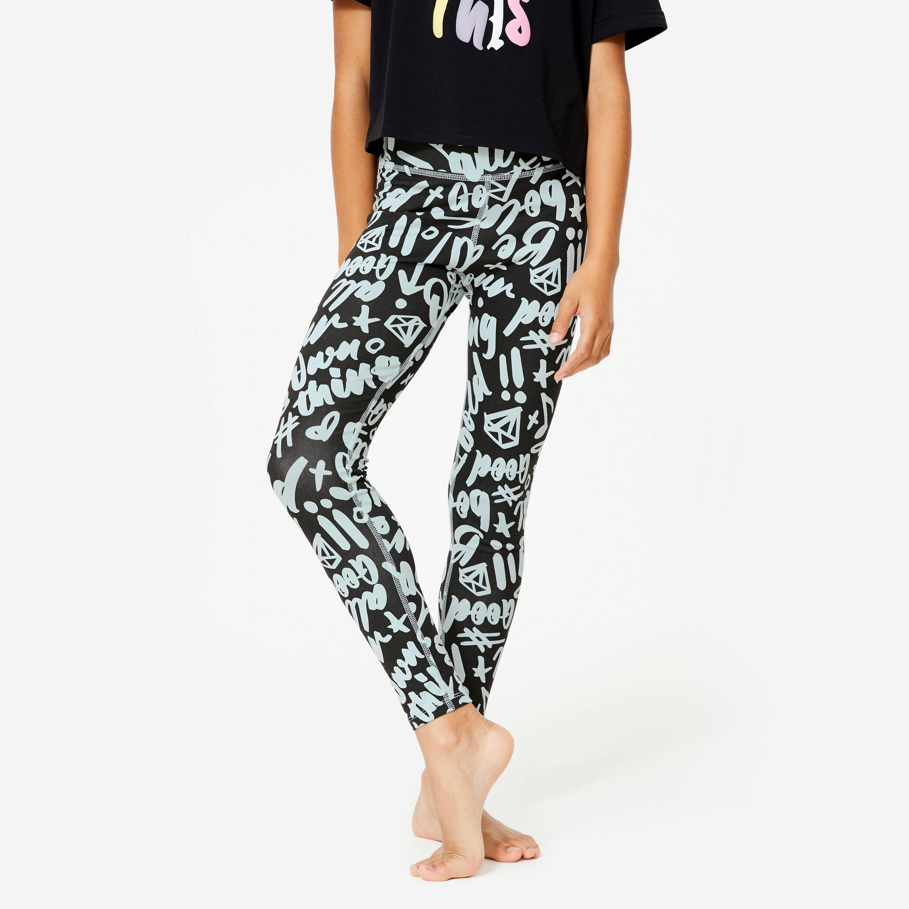 Girl's Modern Dance High-Waisted Leggings - Celadon Green/Smoky Black -  1